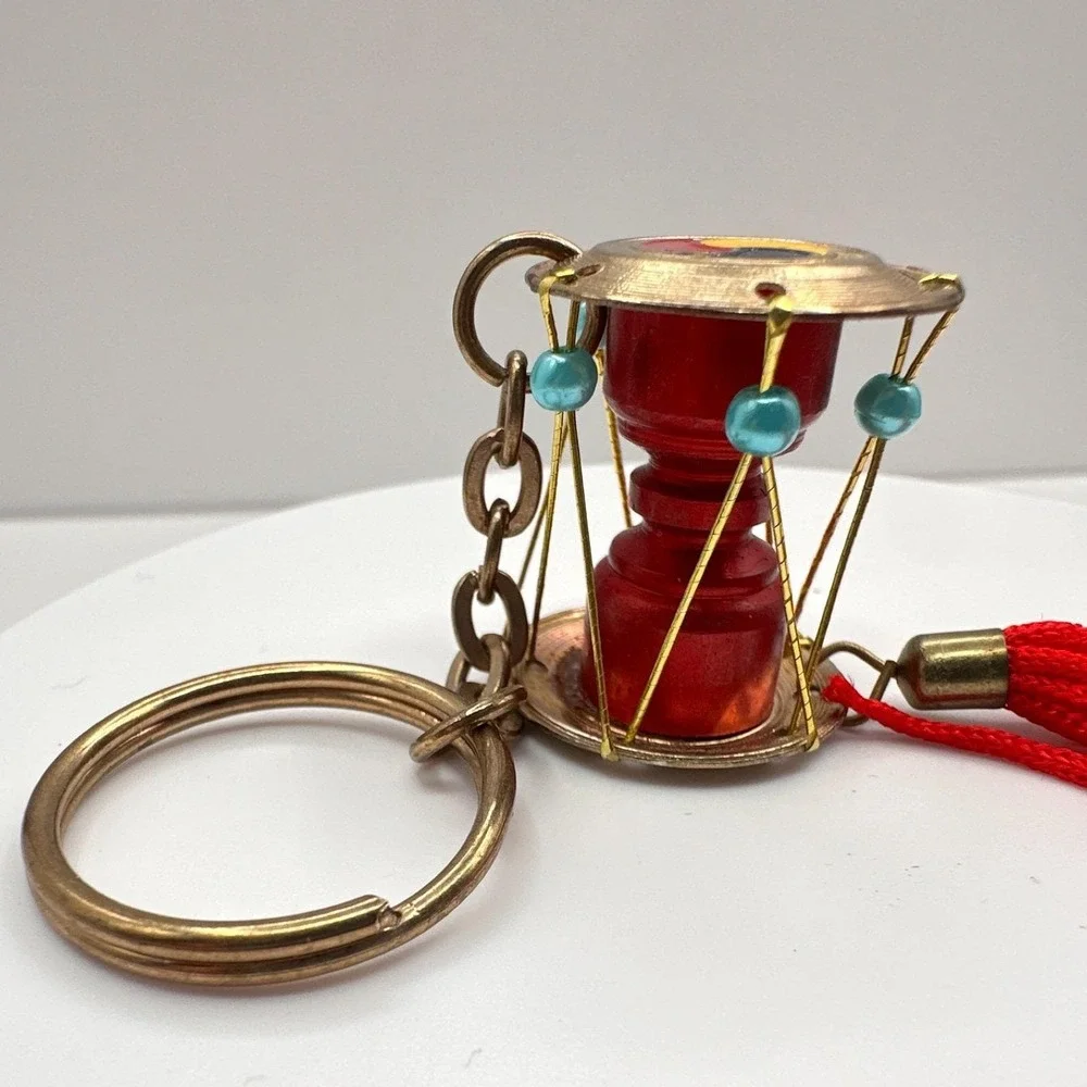 Vintage 90s‎ Korean Janggu Drum Keychain Red Tassel Blue Bead Traditional Style